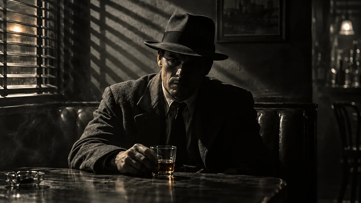 A detective at a corner booth, hard venetian-blind light from camera left, the far side of the frame in deep shadow