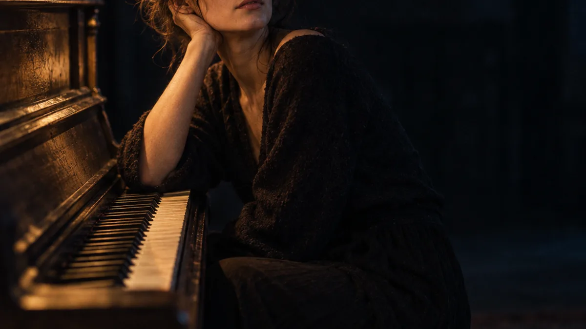 A musician resting at a piano in a dark room, lit by a single warm lamp from behind camera left