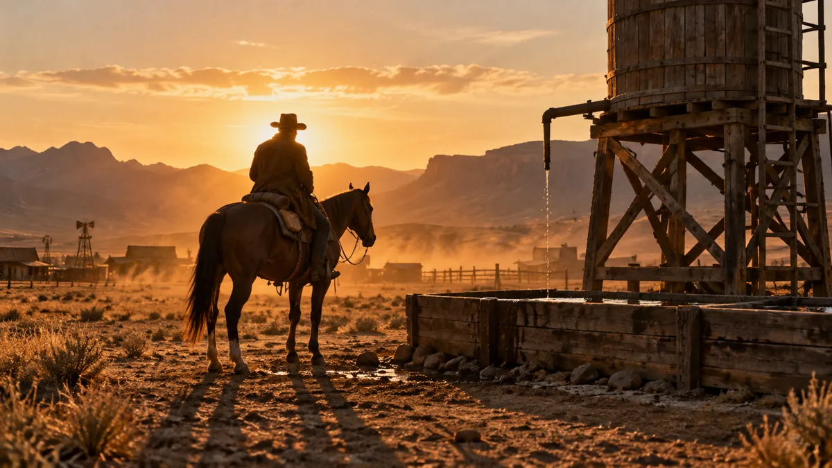 A rider beside a dry water tank at low sun, dust in the air and long shadows running toward the camera