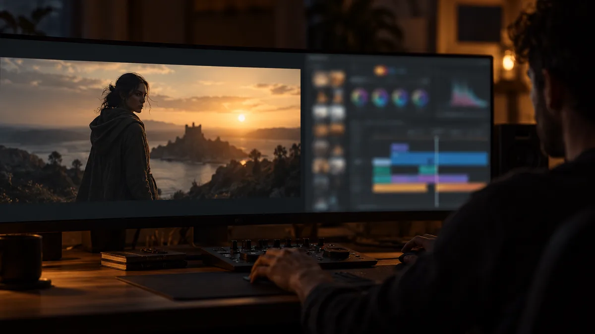 A dark studio console on a wide monitor showing a film still on the left and a five-line shot brief being typed on the right