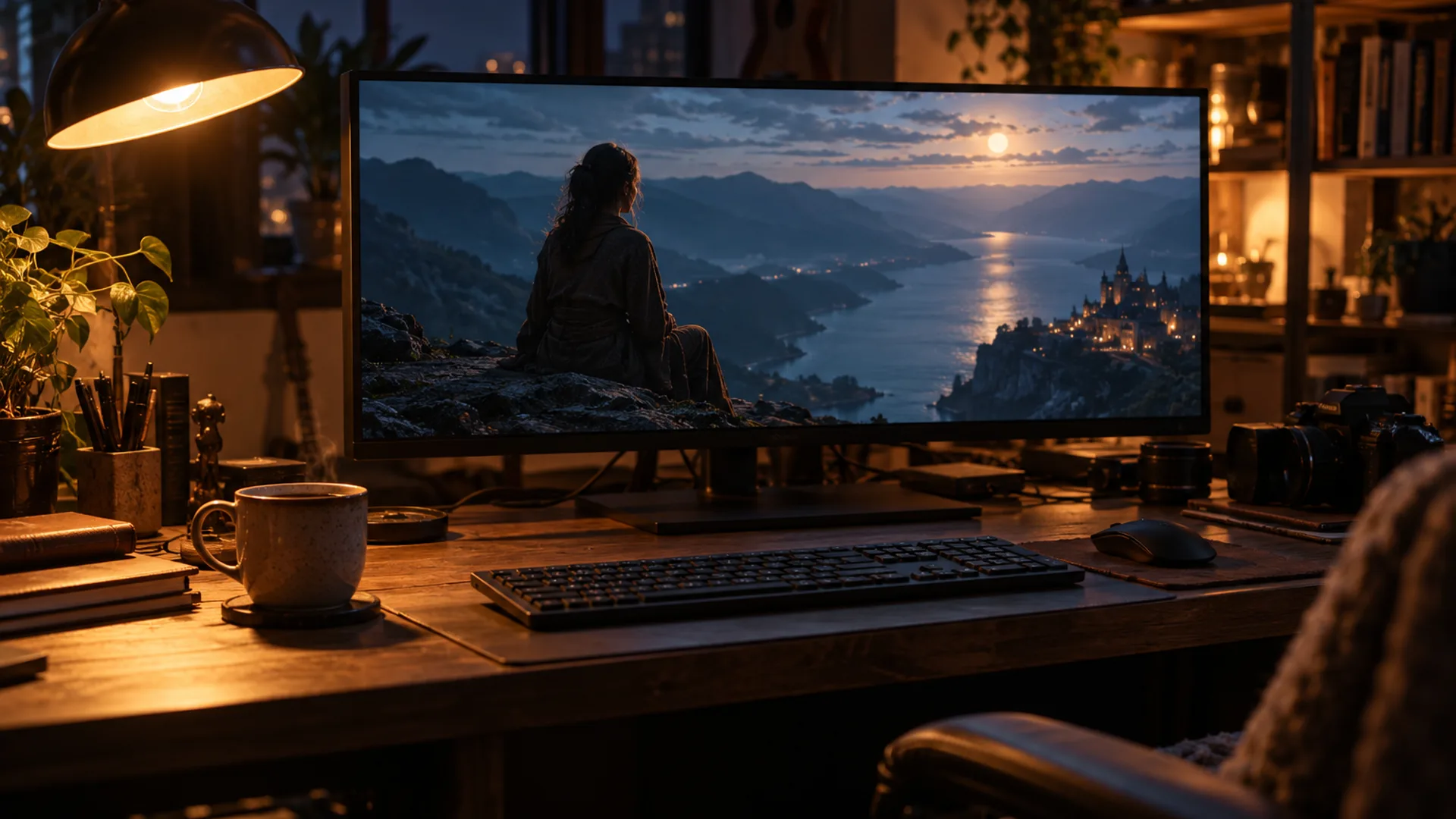 A wide dark studio console with a finished cinematic still on screen, warm key light falling across the desk