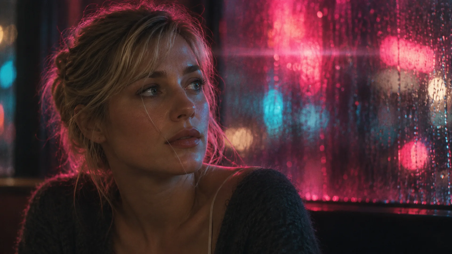 Low-light portrait lit by magenta neon through a wet window, face structure still readable