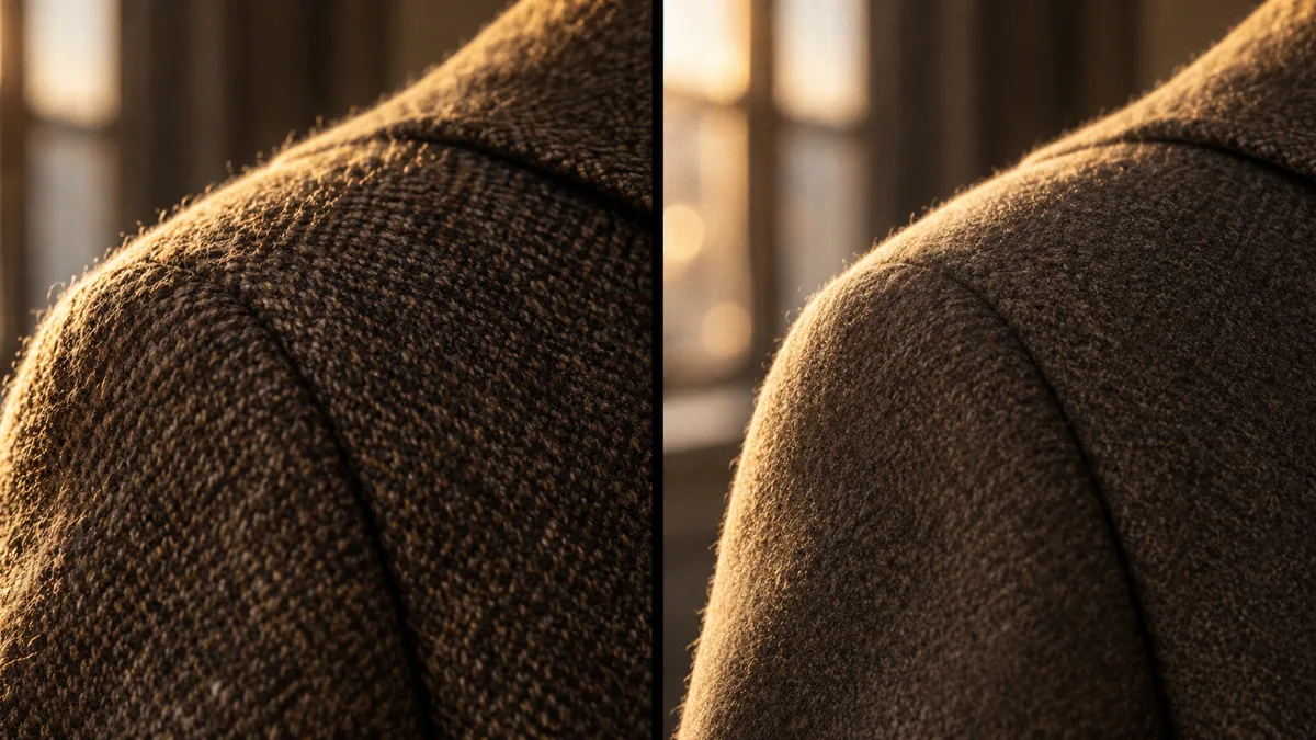 Macro view of a wool coat shoulder in warm light shown twice — richly textured with grain beside a visibly smoother render