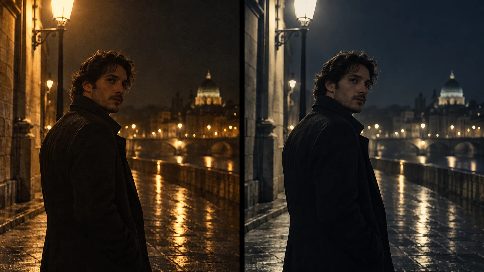 The same night portrait shown twice — a warm filmic render with soft grain beside a cleaner cooler render of the same frame