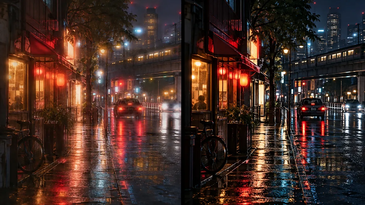 A rain-soaked neon street at night shown twice — soft halation and gentle highlight rolloff beside crisper, harder light handling