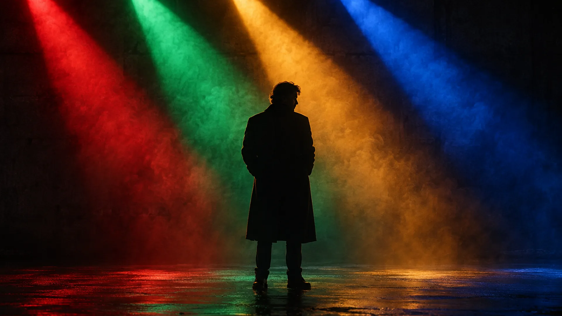 Four beams of light in crimson, emerald, amber and blue raking across a dark studio wall behind the silhouette of a figure in a long coat