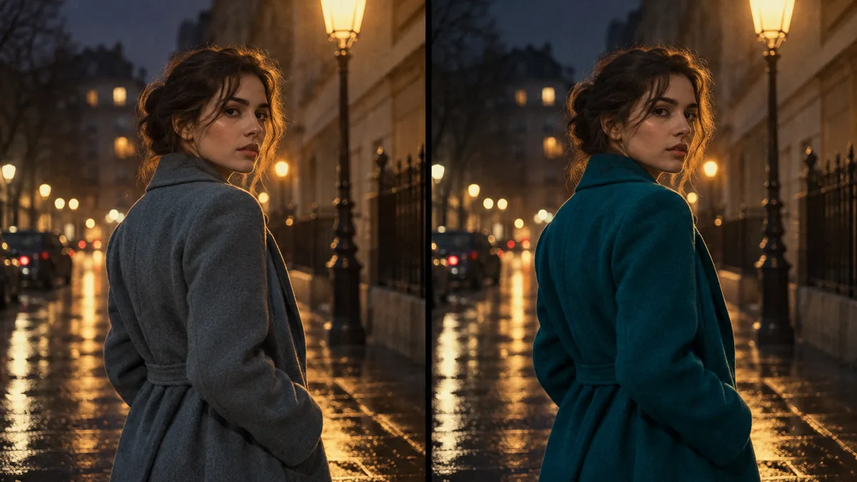 Diptych of the same night portrait: on the left the coat has drifted to muddy grey, on the right the coat is held at one exact teal