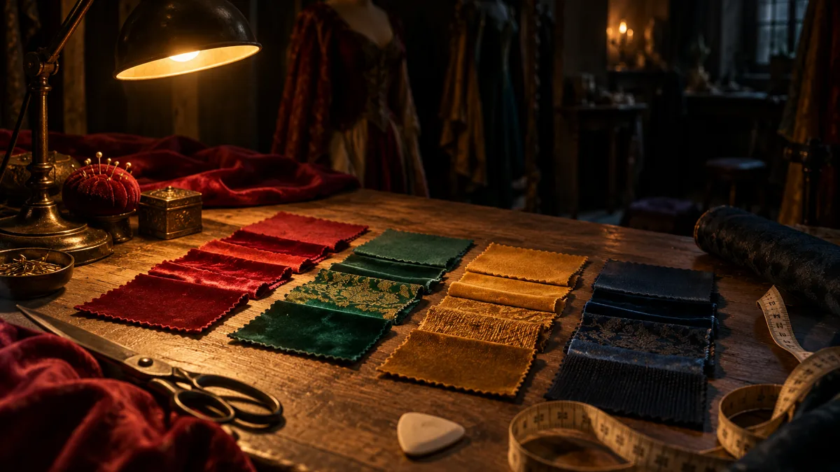 A costumer’s worktable in a dim atelier with neat rows of fabric swatches in crimson, emerald, ochre and ink blue under a single warm lamp