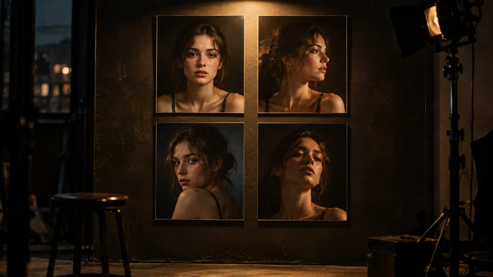 Four framed test portraits of the same actress — same face, different angles and light — arranged in a grid on a dark studio wall under a single warm lamp