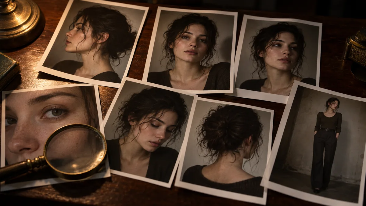 A spread of reference photographs of the same person on a dark wooden table under a warm lamp — different angles and one full-length print, a brass magnifier resting on top