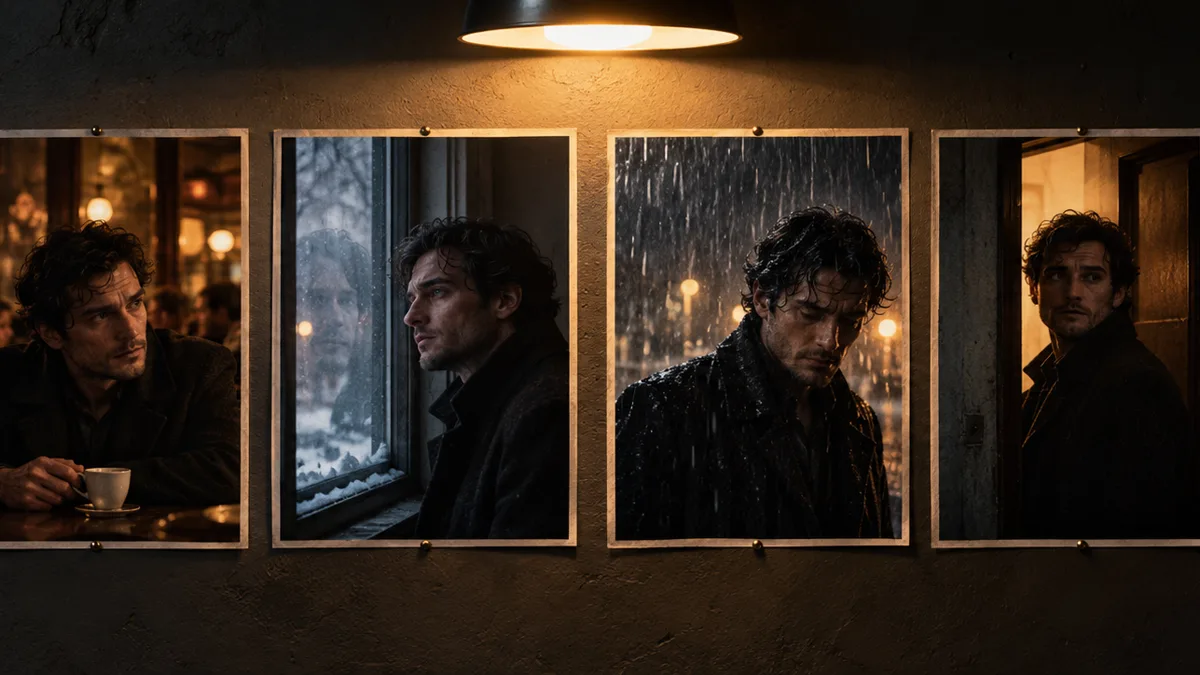 Four film stills pinned in a row on a dark studio wall, the same actor in the same coat in four different lights and settings