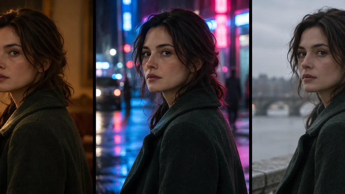 Three film stills of the same woman in the same coat under different lighting, shown side by side as one sequence