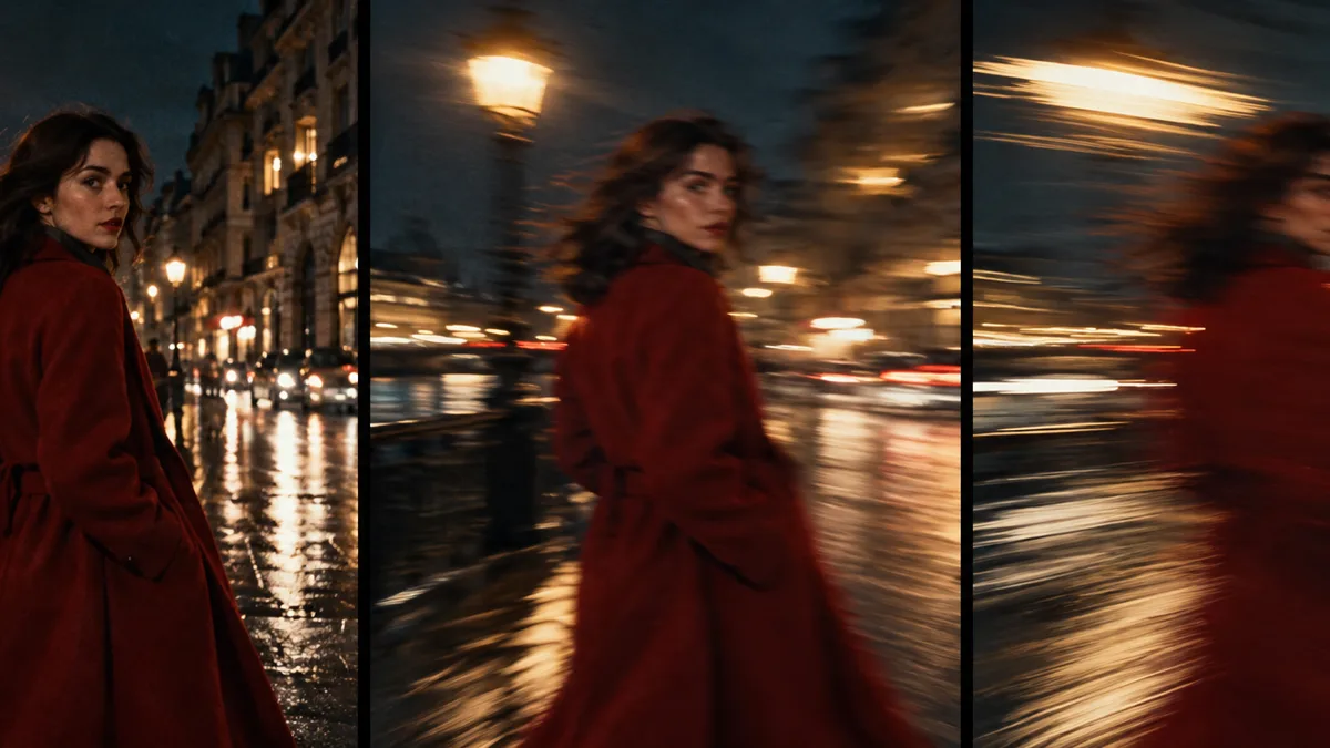 A triptych showing one night street shot evolving from a sharp still into a full camera move with lights streaking into horizontal lines