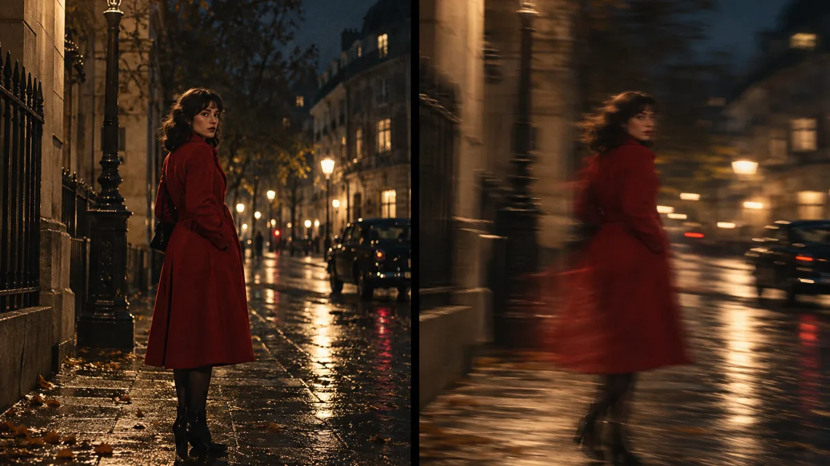 A night street scene split into two panels — a sharp still frame of a woman under a streetlamp, and the same frame beginning to move