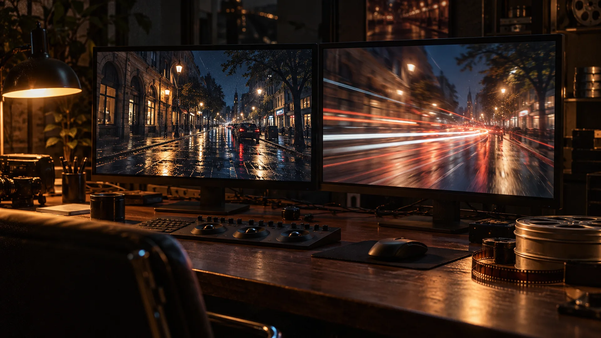 Una sala de montaje a oscuras con dos monitores grandes lado a lado: el de la izquierda muestra un fotograma nítido de una calle nocturna bajo la lluvia, el de la derecha la misma calle con estelas de luz alargadas por el movimiento; una lámpara cálida ilumina la mesa