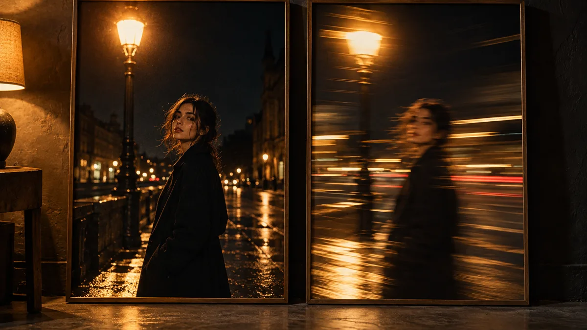 Dos copias enmarcadas apoyadas contra una pared de estudio oscura: a la izquierda un retrato nocturno nítido de una mujer bajo una farola, a la derecha la misma escena con desenfoque de movimiento y estelas horizontales de luz, iluminadas por una lámpara cálida