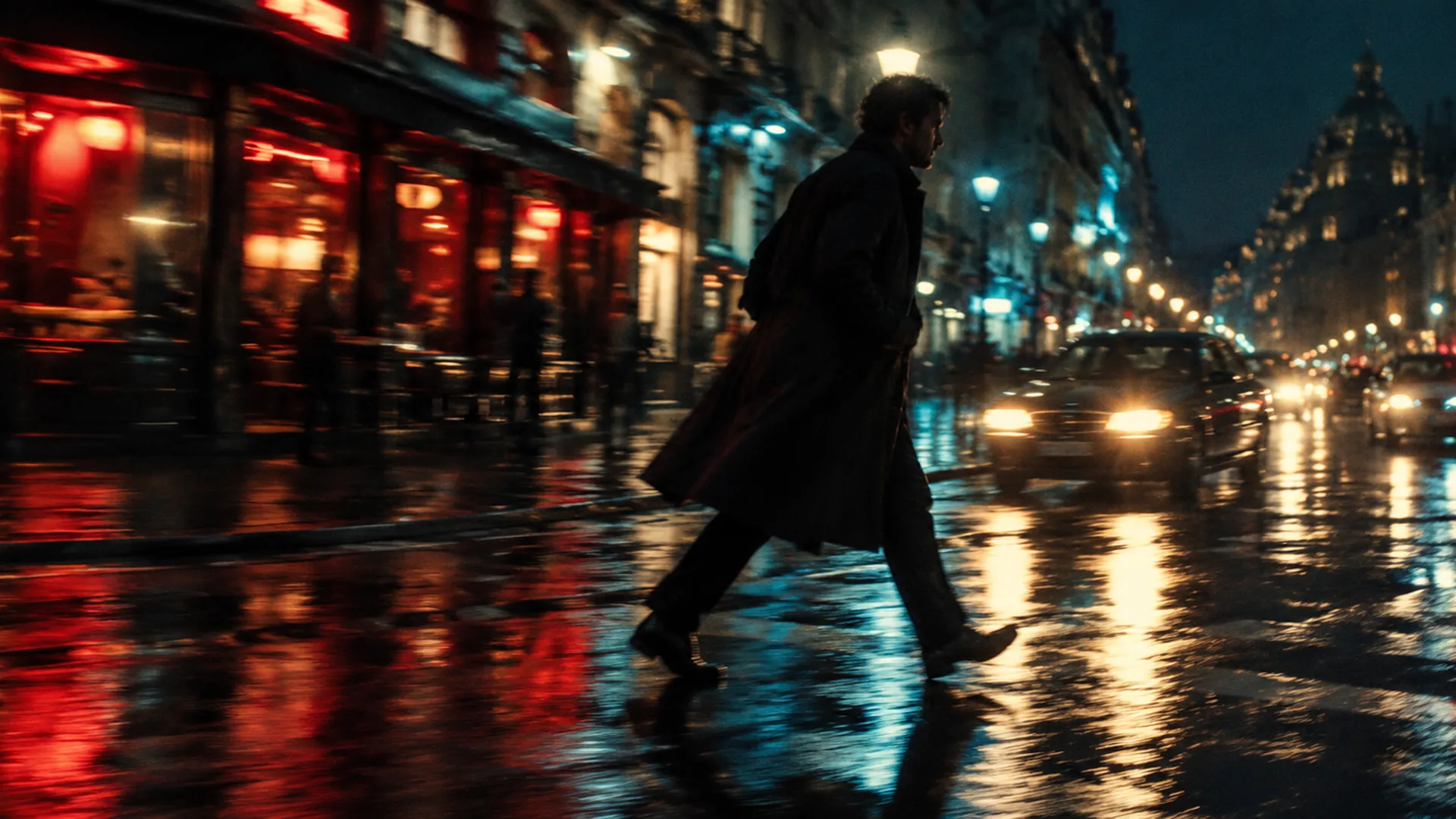 A figure mid-stride crossing a wet night street with a light motion trail, neon storefronts streaking behind them